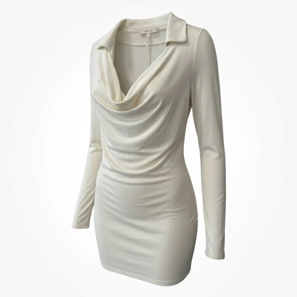 Free People Ribbed Cream Cowl Drape Neck Fitted Stretch Mini Dress size M